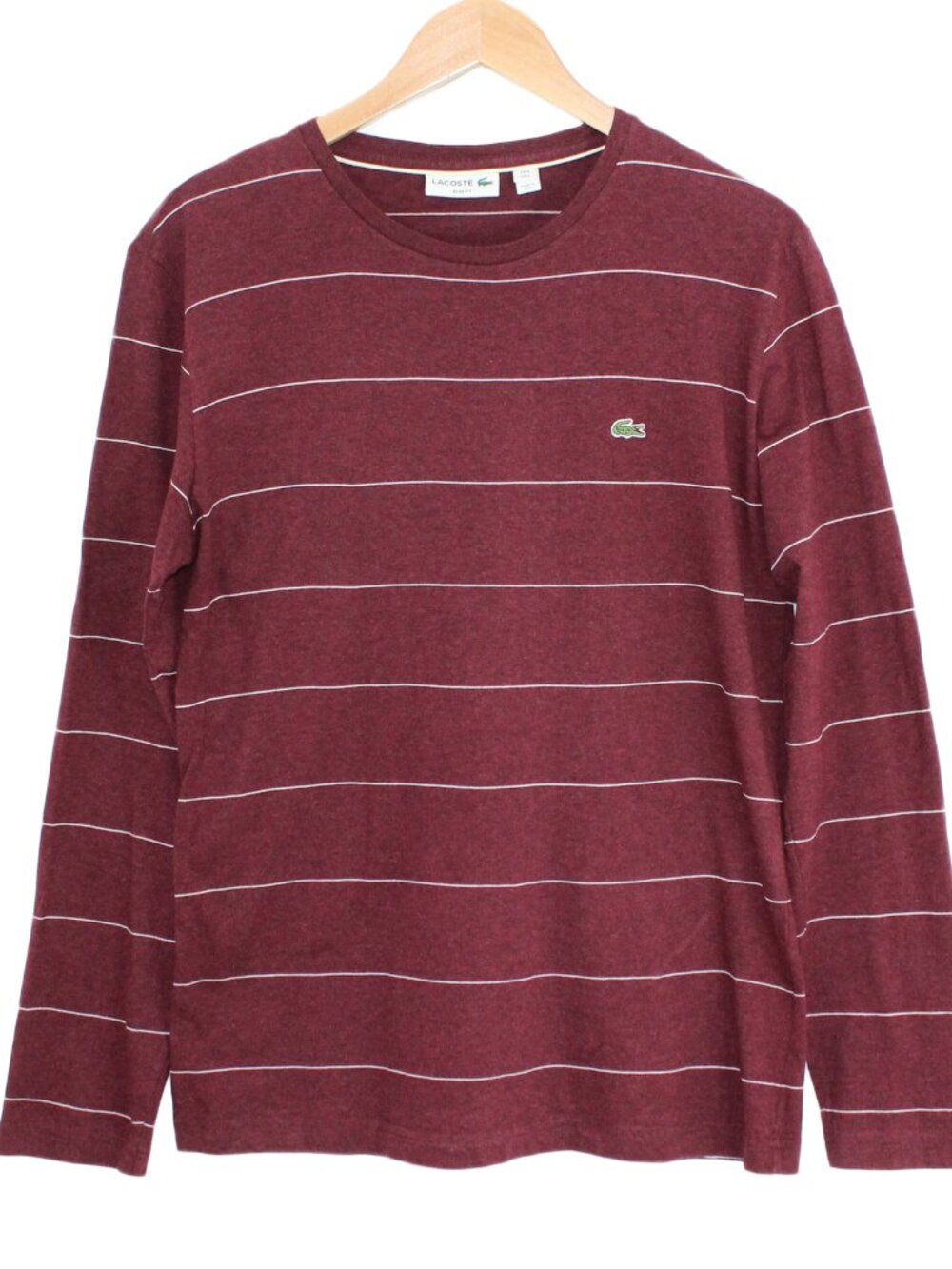 LACOSTE Slim Fit Cotton Crew Neck Long Sleeve Burgundy Striped Tee Top - Large
